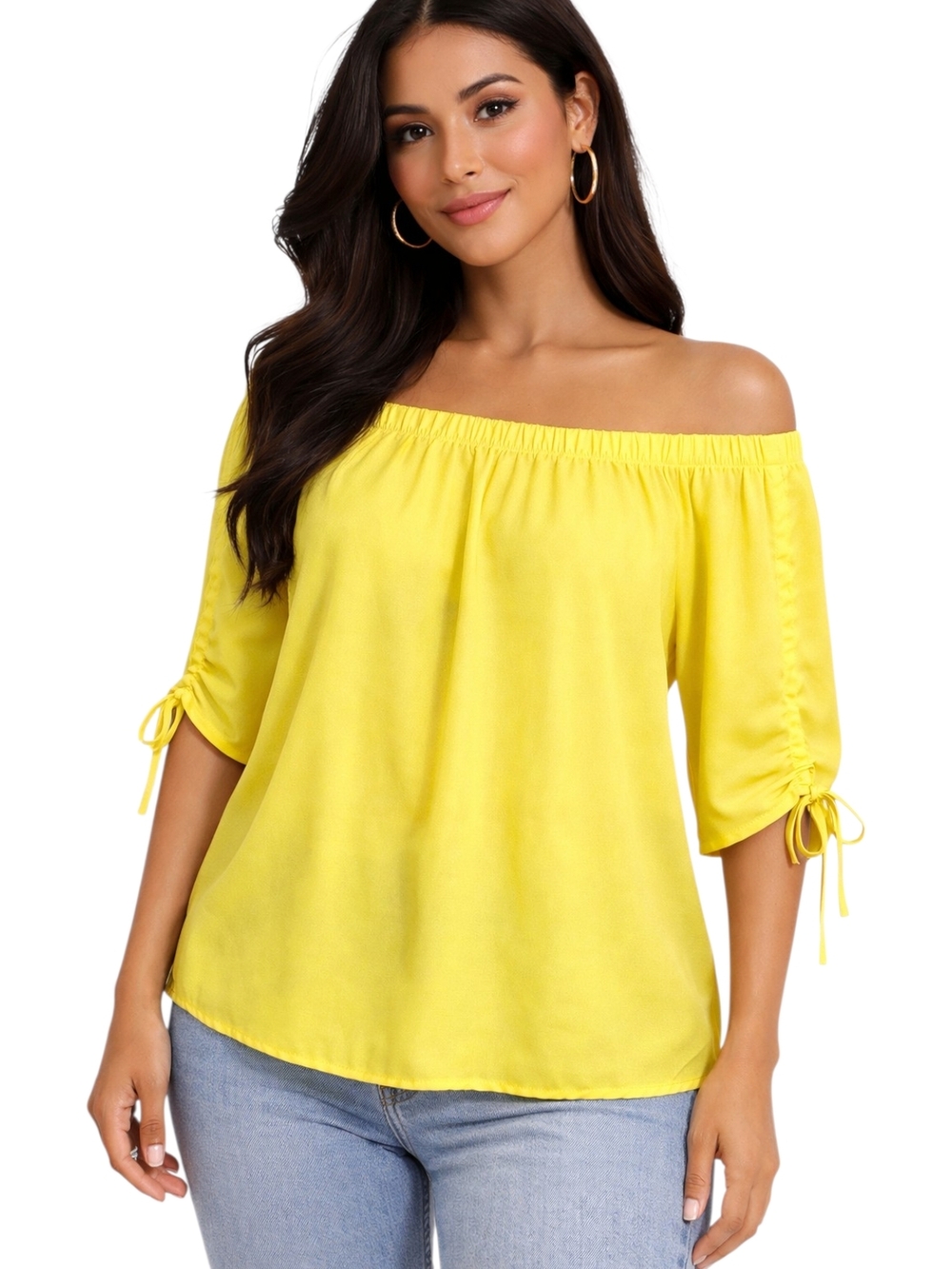 New Glory  Neon Yellow Off Shoulder Blouse  Short Sleeve Tie Detail. Size L.